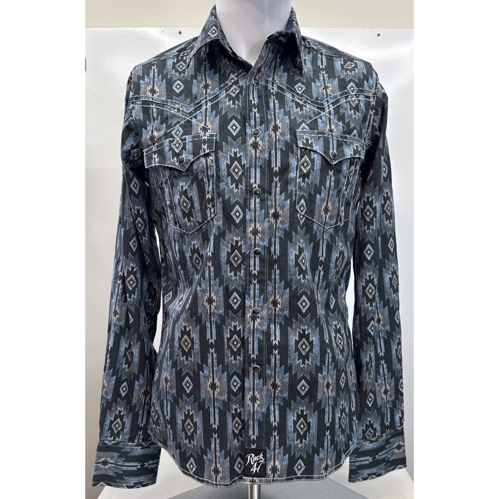 Wrangler Rock 47 Men S Western Snap Shirt Southwest Tribal Blue Gray Black LS